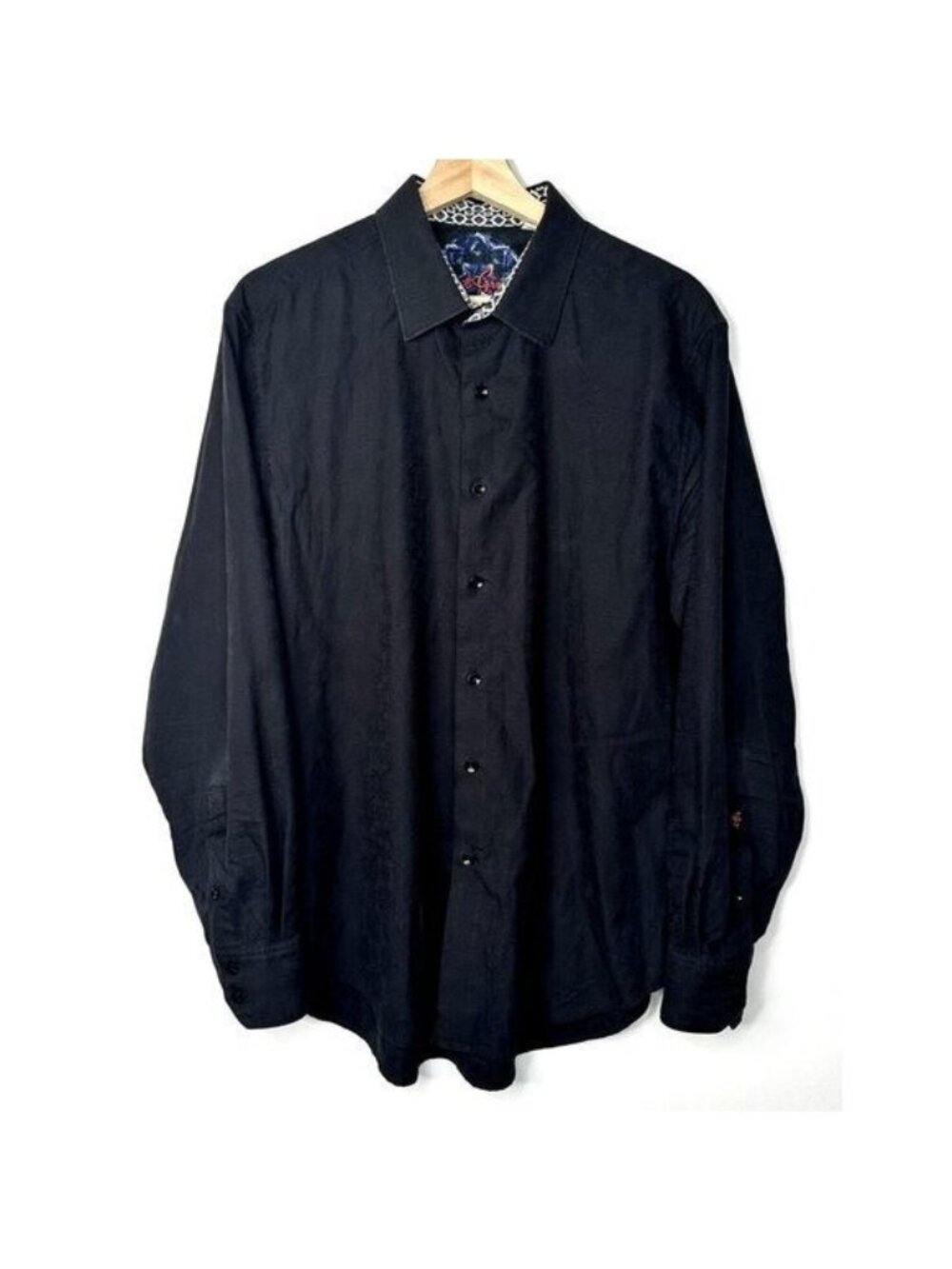 Robert Graham Mens L Black Floral Jacquard Shirt Flip Cuff Embroidered Luxury